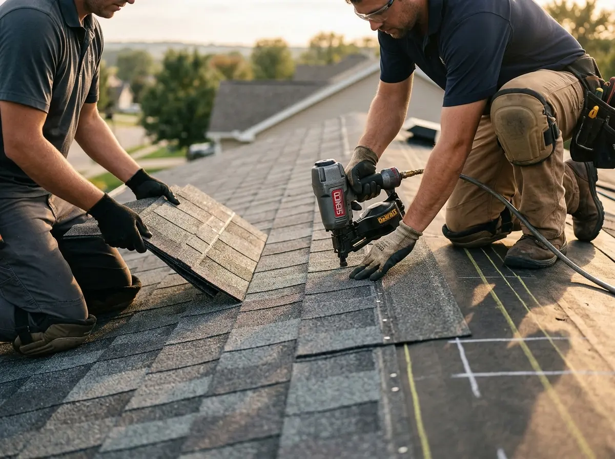Professional roofer working on a residential roof in Northport